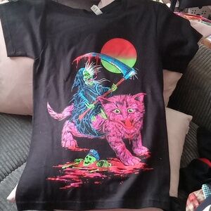 SKINNER GRIM REAPER Black Cat Graphic T-shirt Size XS